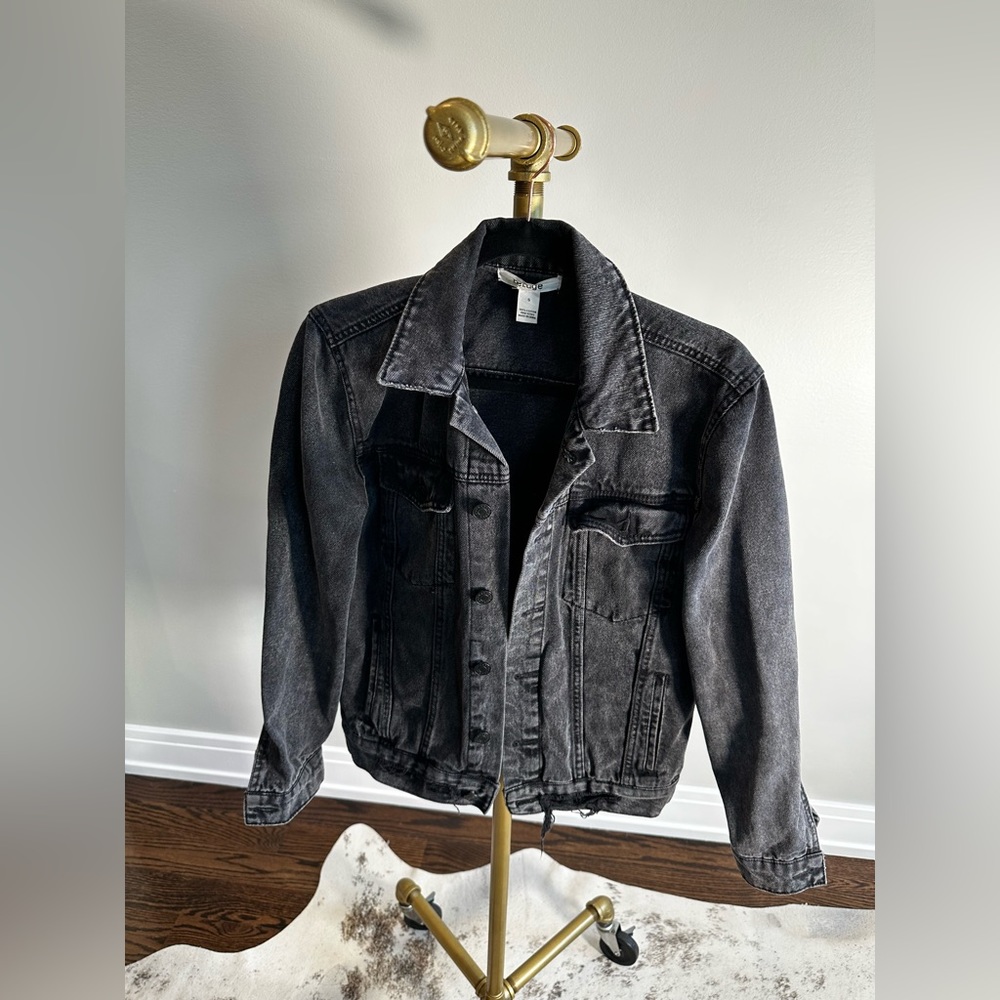 Black Jean Jacket Size Small with Distressed Details